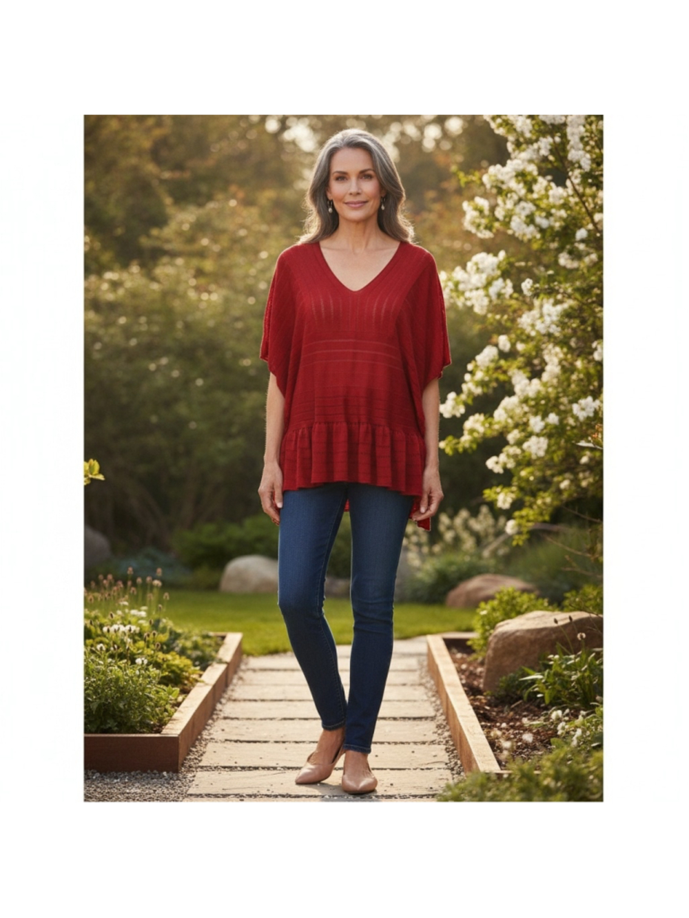 Chic-Knits par lanalee Red Textured Knit V-Neck Ruffle Peplum Top - Size Medium